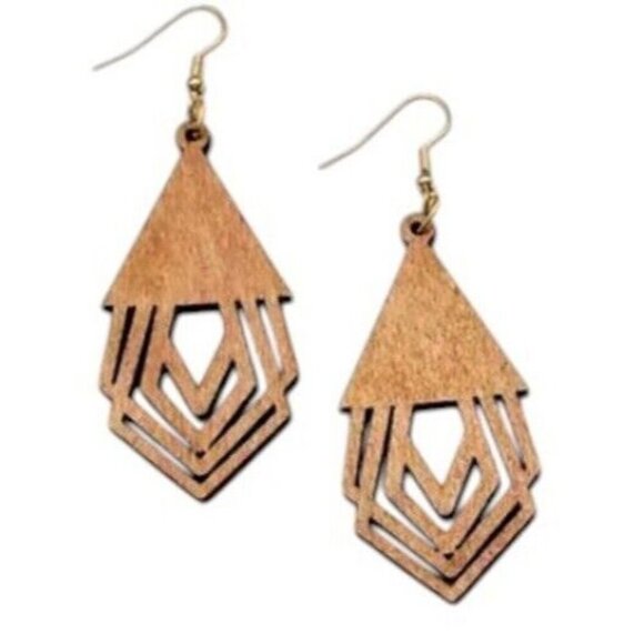 WOOD Cut Out Earrings Tribal Unique Artistic LIGHTWEIGHT Dangle Jewelry - Picture 1 of 4
